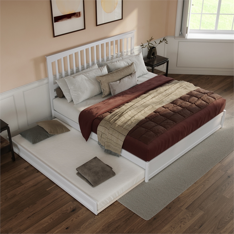 Everett King Wood Platform Bed with Panel Footboard and Twin XL Trundle in White