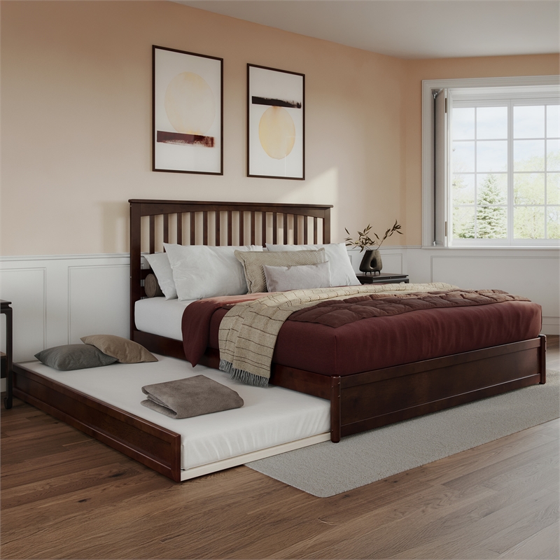 Everett King Wood Platform Bed with Panel Footboard & Twin XL Trundle in Walnut