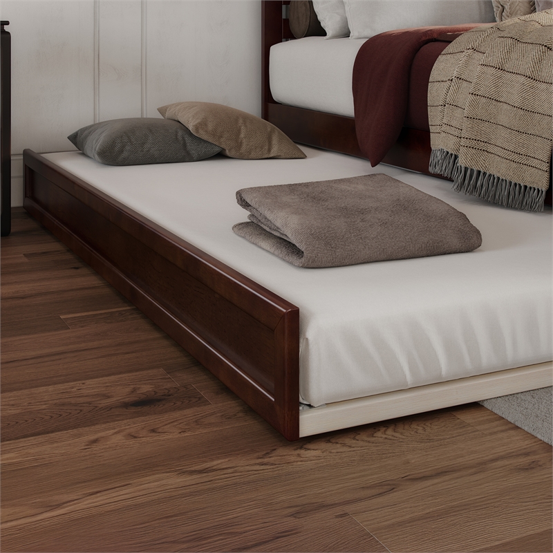 Everett King Wood Platform Bed with Panel Footboard & Twin XL Trundle in Walnut