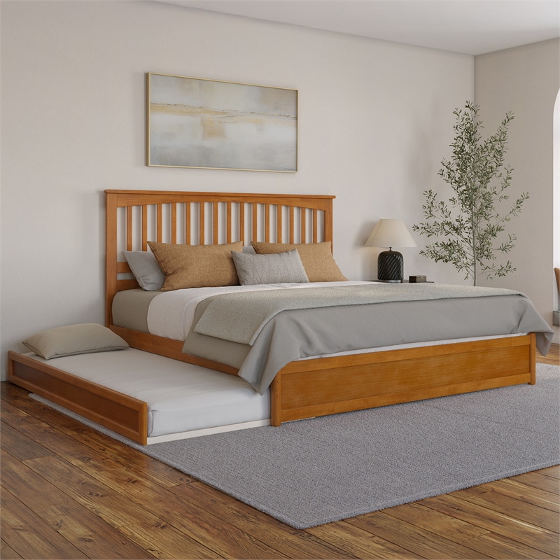 Everett King Platform Bed with Panel Footboard & TXL Trundle in Light Toffee