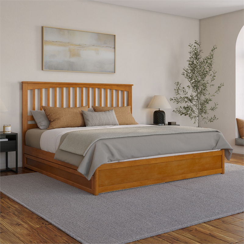 Everett King Platform Bed with Panel Footboard & TXL Trundle in Light Toffee