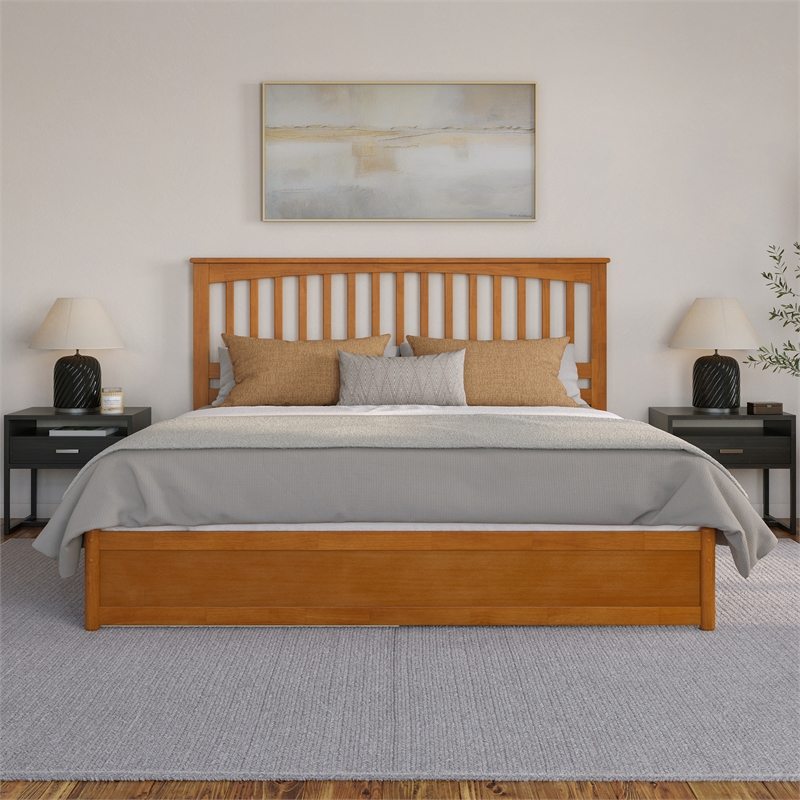 Everett King Platform Bed with Panel Footboard & TXL Trundle in Light Toffee