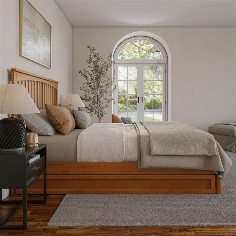 Everett King Platform Bed with Panel Footboard & TXL Trundle in Light Toffee