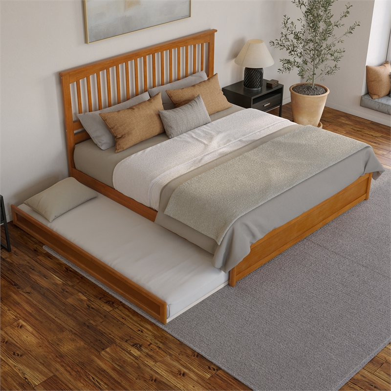 Everett King Platform Bed with Panel Footboard & TXL Trundle in Light Toffee