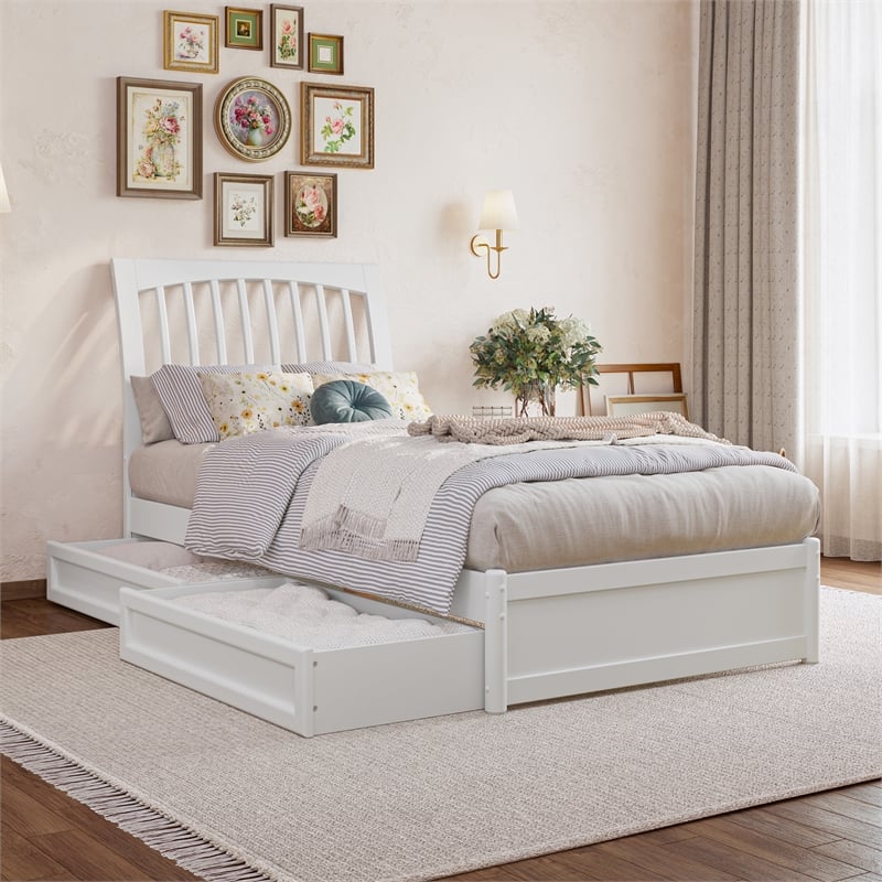 Roslyn Twin XL Platform Bed with Panel Footboard & 2 Storage Drawers in White