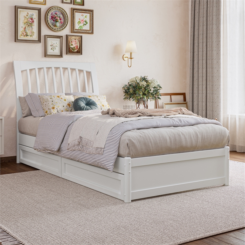 Roslyn Twin XL Platform Bed with Panel Footboard & 2 Storage Drawers in White