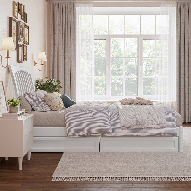 Roslyn Twin XL Platform Bed with Panel Footboard & 2 Storage Drawers in White