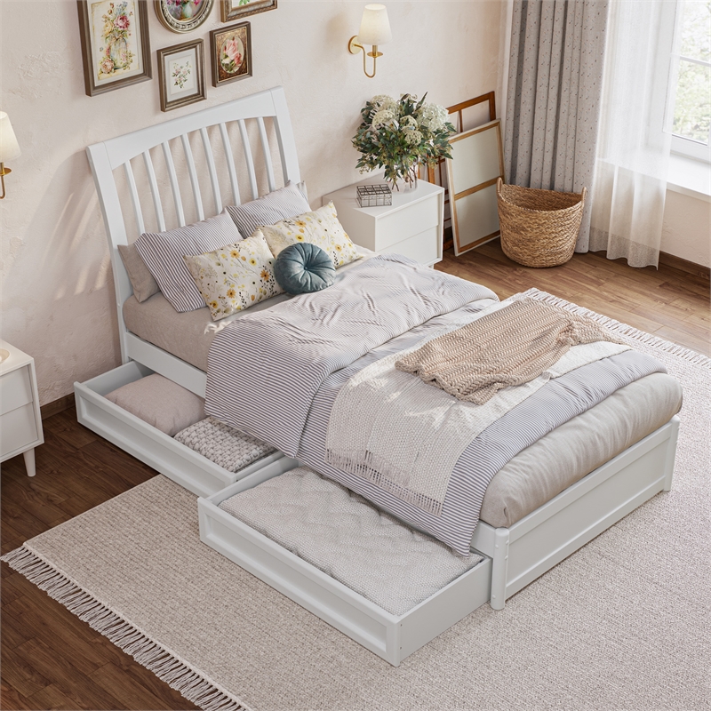 Roslyn Twin XL Platform Bed with Panel Footboard & 2 Storage Drawers in White