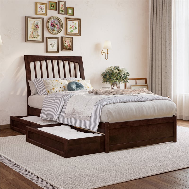 Roslyn Twin XL Platform Bed with Panel Footboard & 2 Storage Drawers in Walnut