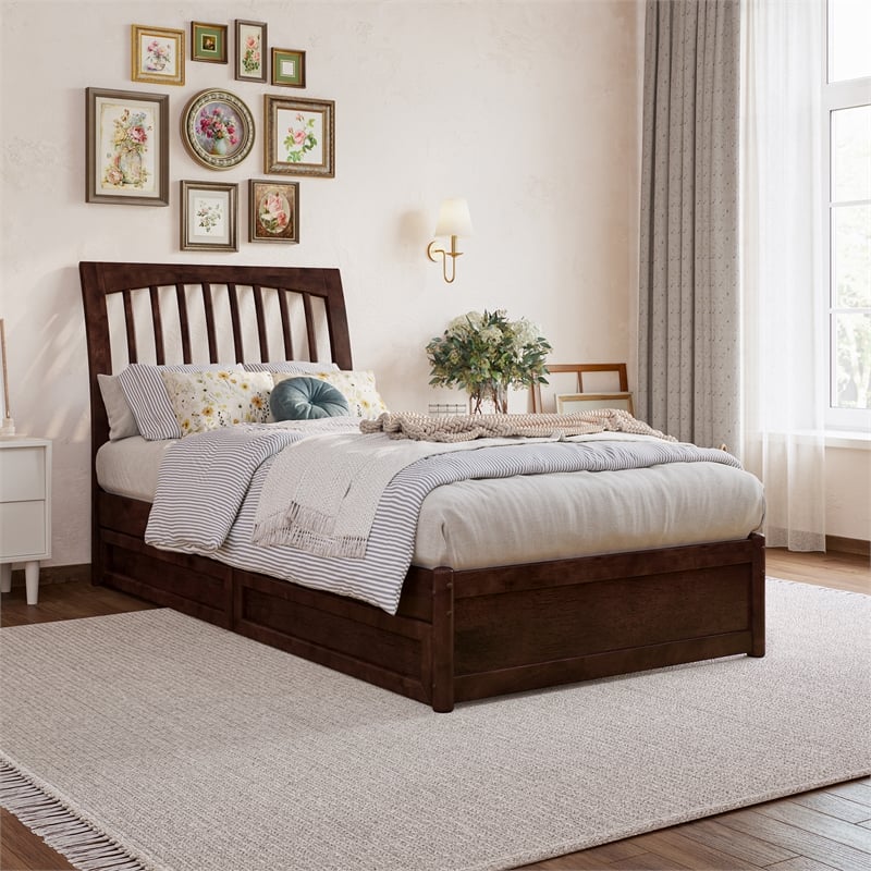Roslyn Twin XL Platform Bed with Panel Footboard & 2 Storage Drawers in Walnut