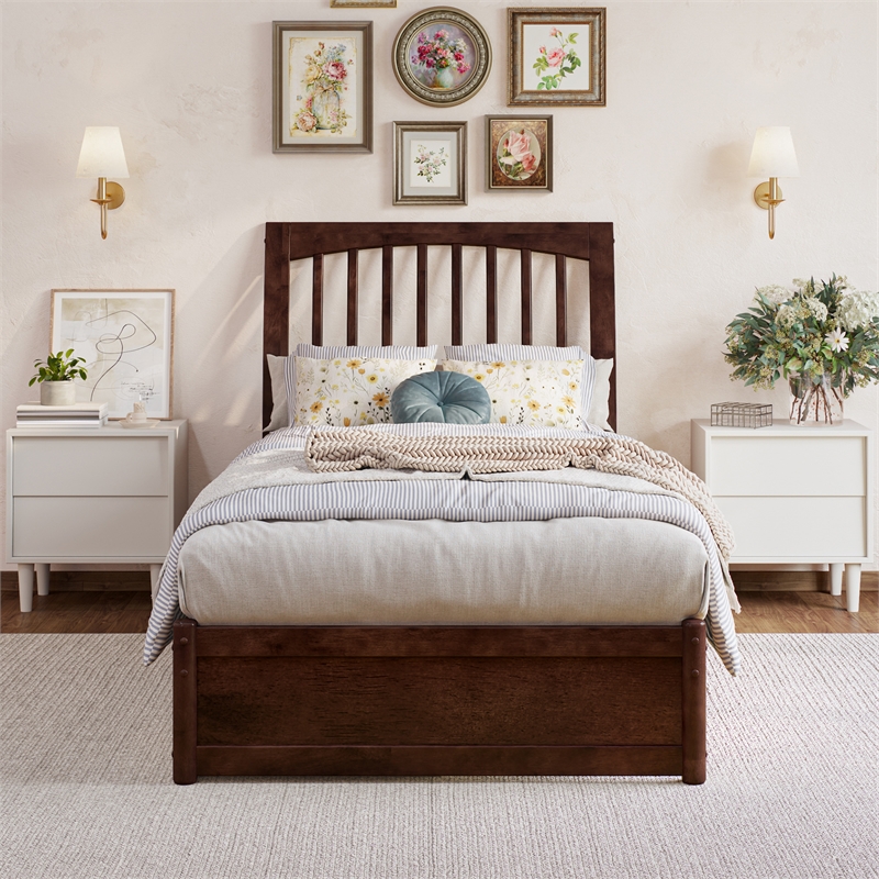 Roslyn Twin XL Platform Bed with Panel Footboard & 2 Storage Drawers in Walnut