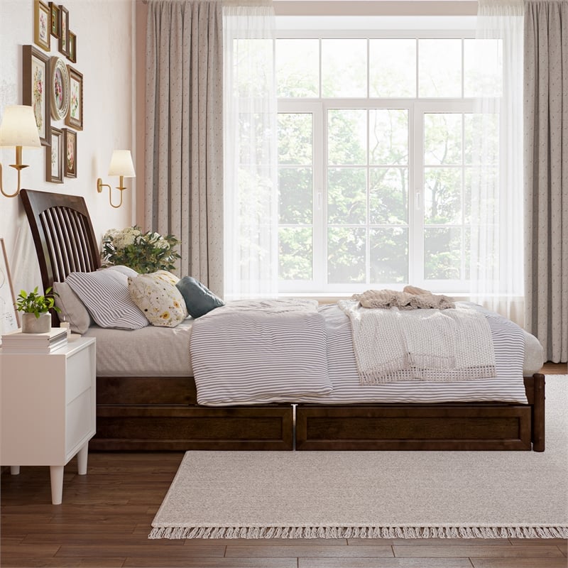 Roslyn Twin XL Platform Bed with Panel Footboard & 2 Storage Drawers in Walnut