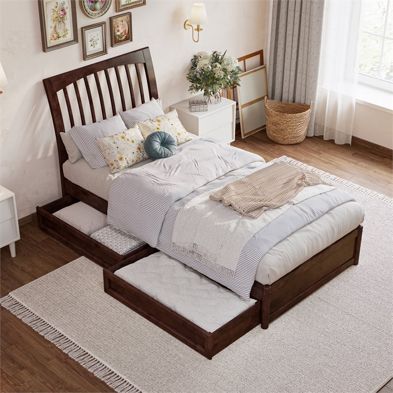 Roslyn Twin XL Platform Bed with Panel Footboard & 2 Storage Drawers in Walnut
