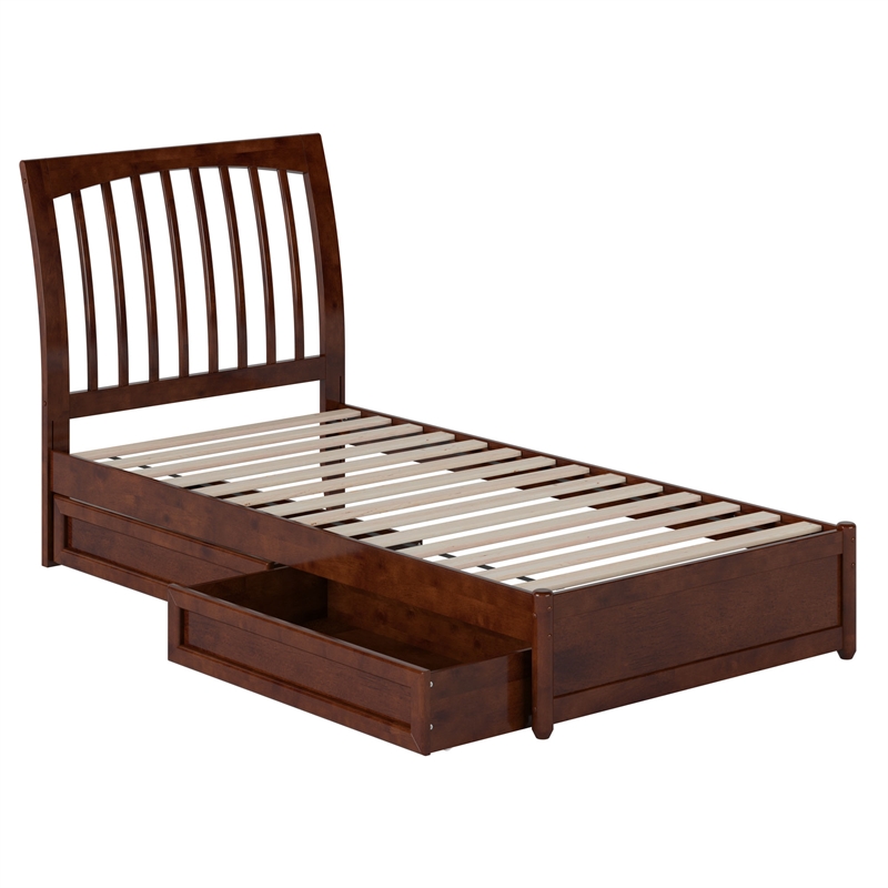 Roslyn Twin XL Platform Bed with Panel Footboard & 2 Storage Drawers in Walnut