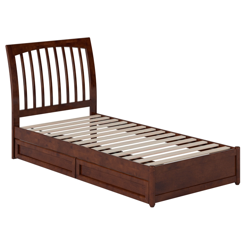 Roslyn Twin XL Platform Bed with Panel Footboard & 2 Storage Drawers in Walnut