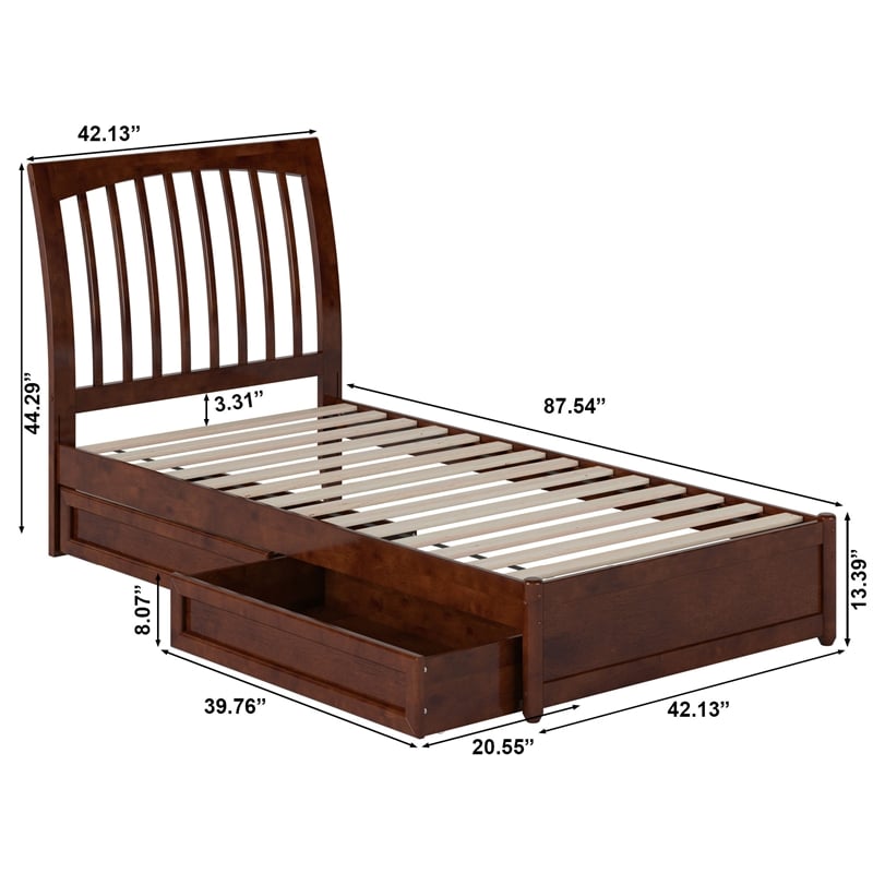 Roslyn Twin XL Platform Bed with Panel Footboard & 2 Storage Drawers in Walnut