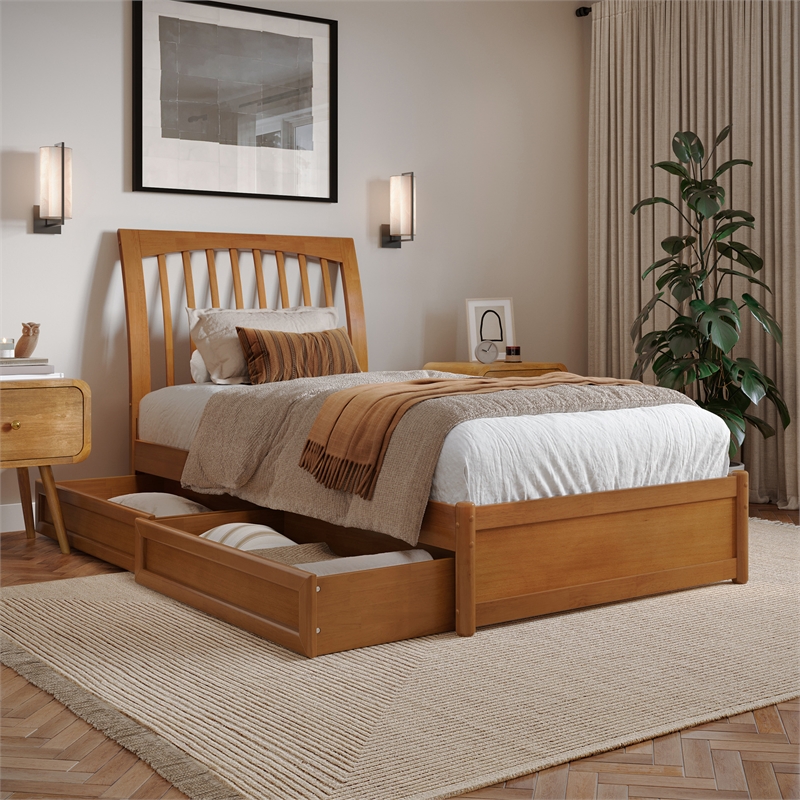 Roslyn Twin XL Platform Bed Panel Footboard & 2 Storage Drawers in Light Toffee