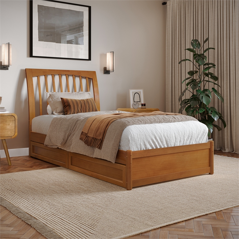 Roslyn Twin XL Platform Bed Panel Footboard & 2 Storage Drawers in Light Toffee