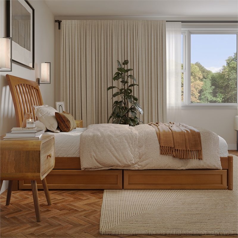 Roslyn Twin XL Platform Bed Panel Footboard & 2 Storage Drawers in Light Toffee