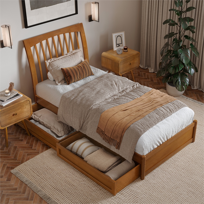 Roslyn Twin XL Platform Bed Panel Footboard & 2 Storage Drawers in Light Toffee