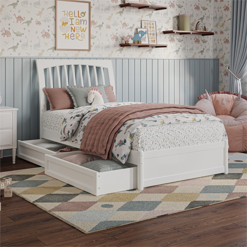 Roslyn Twin Platform Bed with Panel Footboard & 2 Storage Drawers in White
