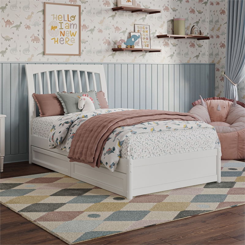 Roslyn Twin Platform Bed with Panel Footboard & 2 Storage Drawers in White