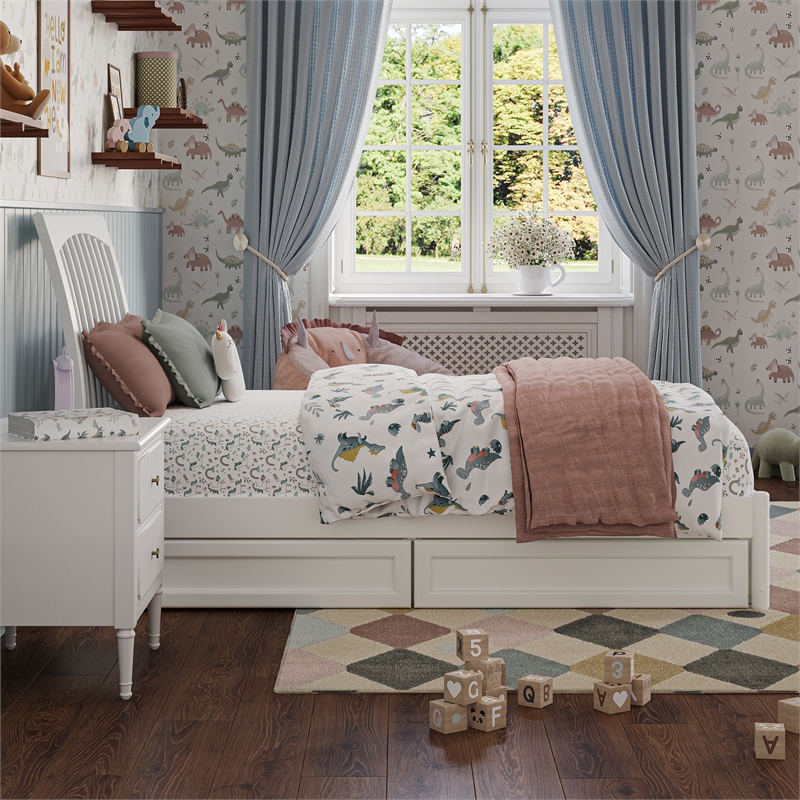 Roslyn Twin Platform Bed with Panel Footboard & 2 Storage Drawers in White