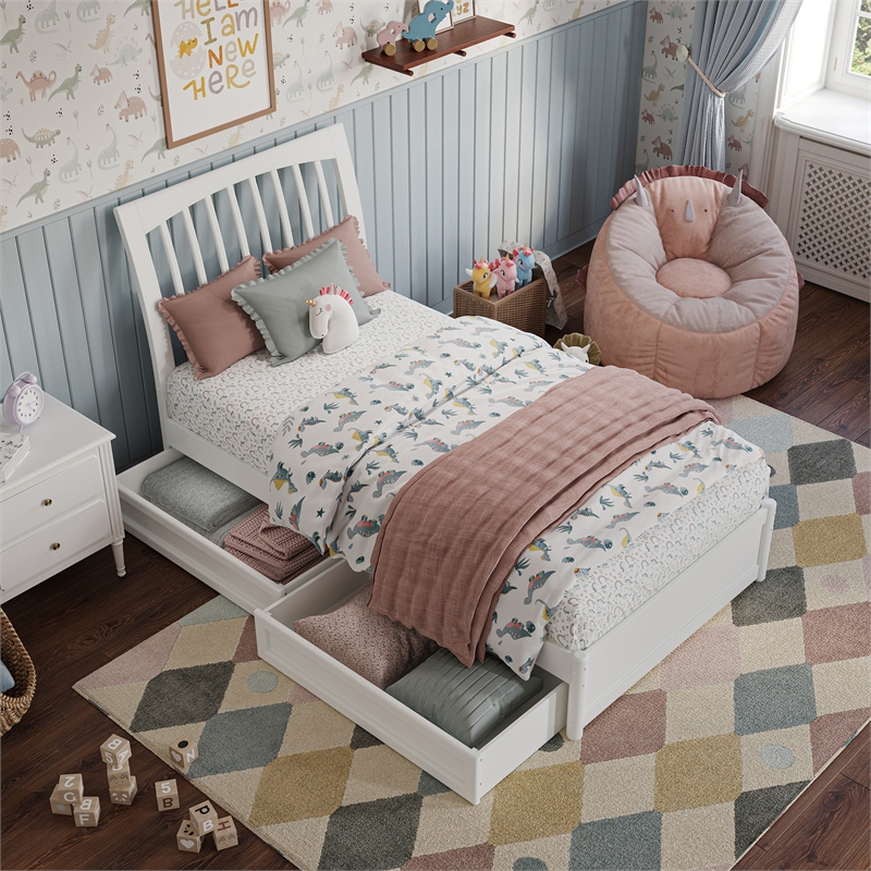 Roslyn Twin Platform Bed with Panel Footboard & 2 Storage Drawers in White