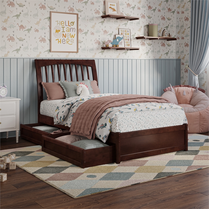 Roslyn Twin Platform Bed with Panel Footboard & 2 Storage Drawers in Walnut