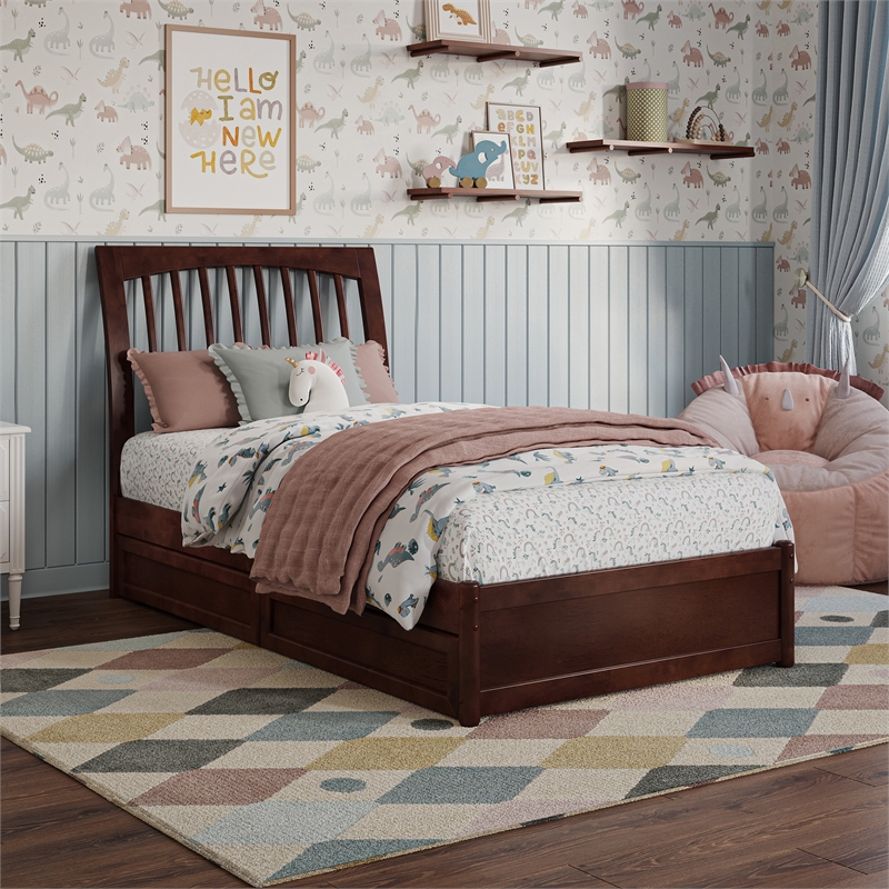 Roslyn Twin Platform Bed with Panel Footboard & 2 Storage Drawers in Walnut