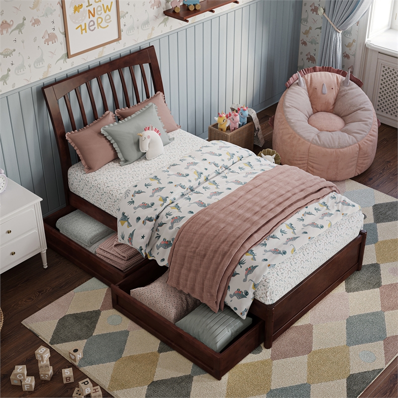 Roslyn Twin Platform Bed with Panel Footboard & 2 Storage Drawers in Walnut