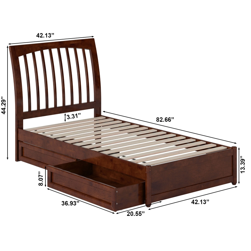 Roslyn Twin Platform Bed with Panel Footboard & 2 Storage Drawers in Walnut