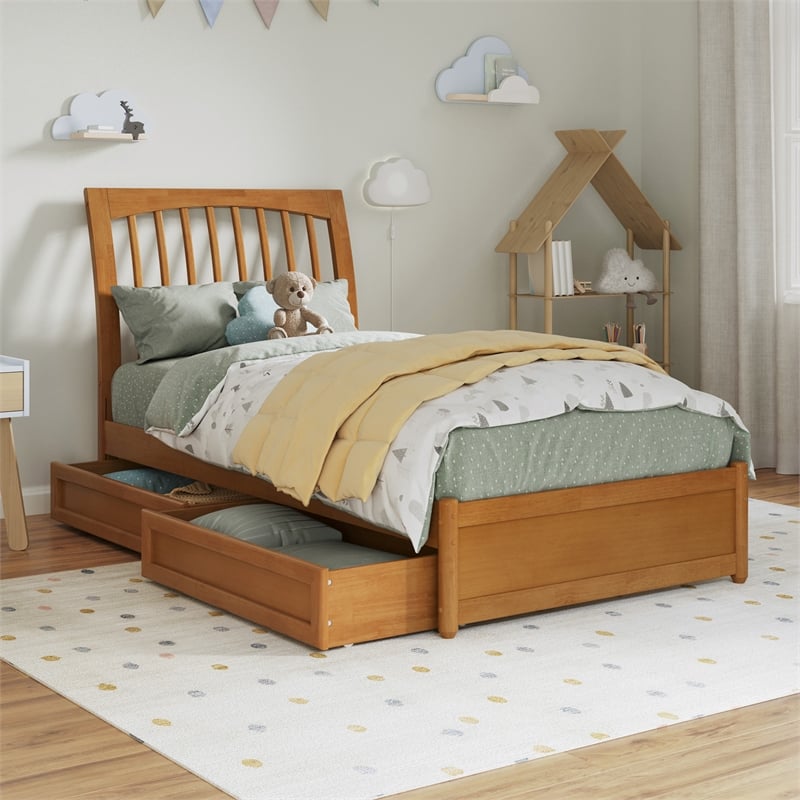 Roslyn Twin Platform Bed w Panel Footboard & 2 Storage Drawers in Light Toffee