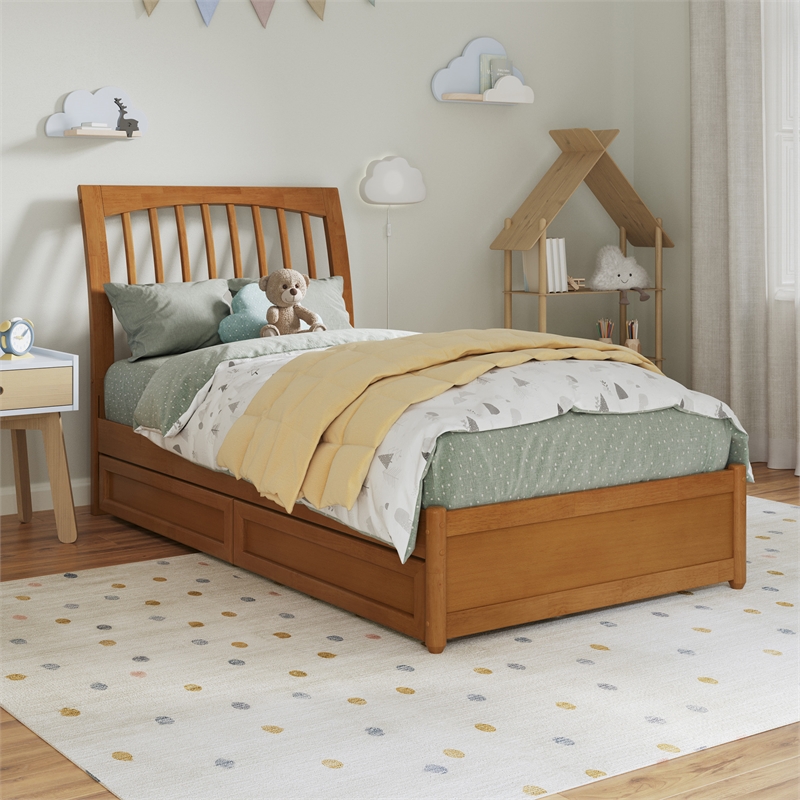 Roslyn Twin Platform Bed w Panel Footboard & 2 Storage Drawers in Light Toffee