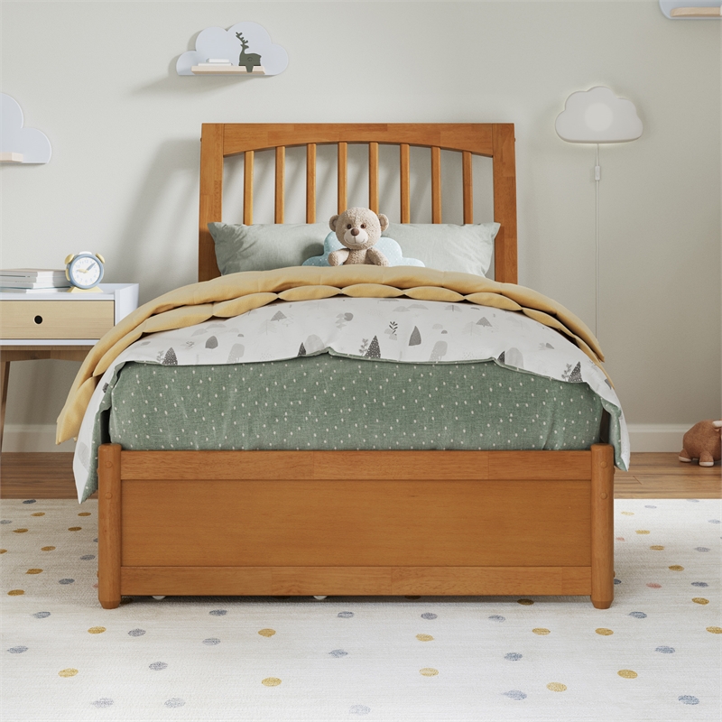 Roslyn Twin Platform Bed w Panel Footboard & 2 Storage Drawers in Light Toffee