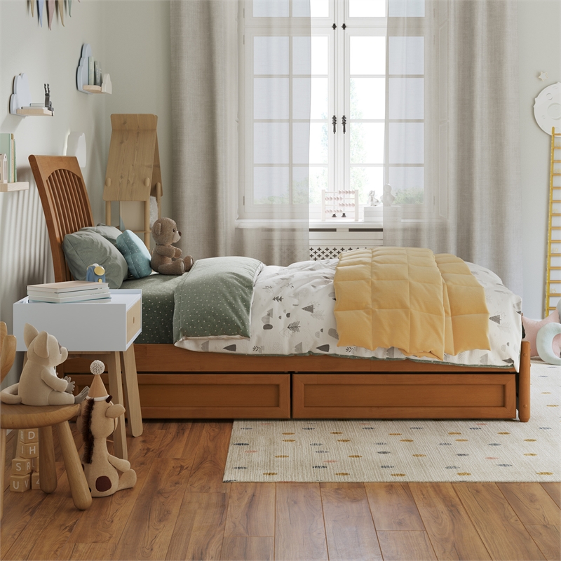 Roslyn Twin Platform Bed w Panel Footboard & 2 Storage Drawers in Light Toffee