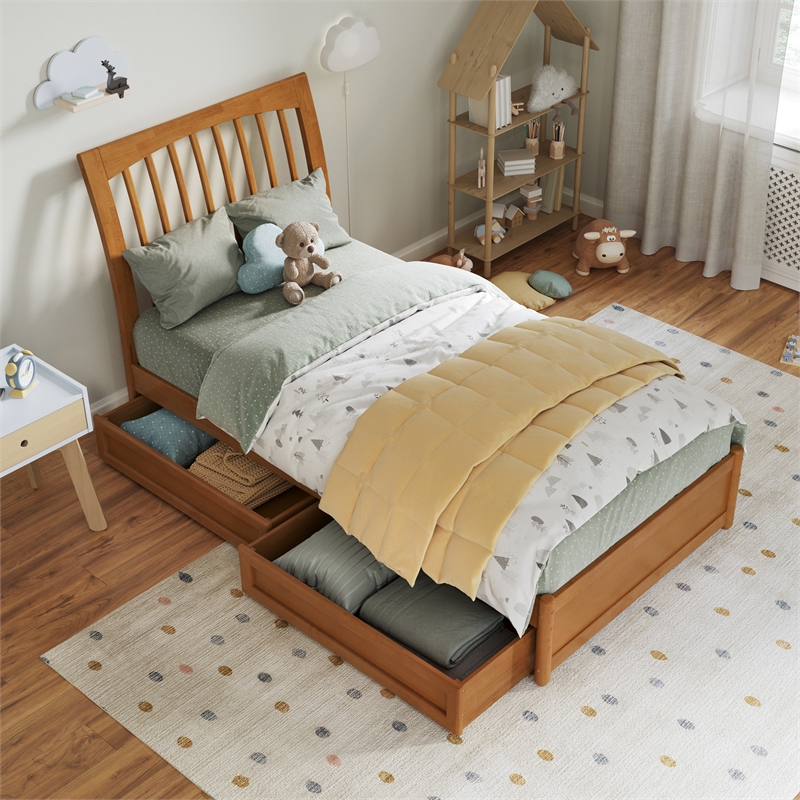 Roslyn Twin Platform Bed w Panel Footboard & 2 Storage Drawers in Light Toffee
