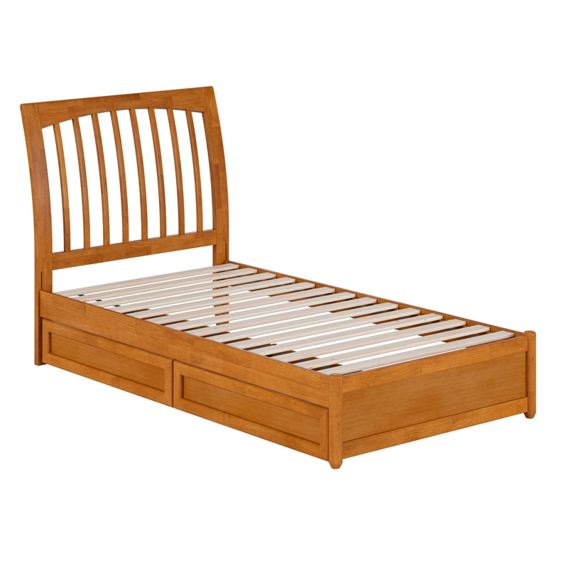 Roslyn Twin Platform Bed w Panel Footboard & 2 Storage Drawers in Light Toffee
