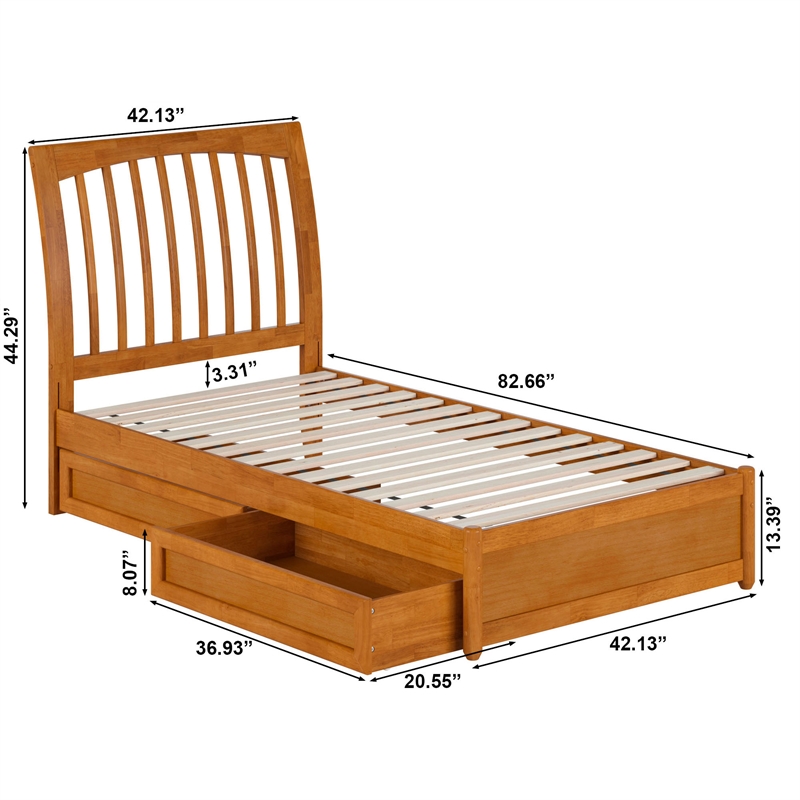 Roslyn Twin Platform Bed w Panel Footboard & 2 Storage Drawers in Light Toffee