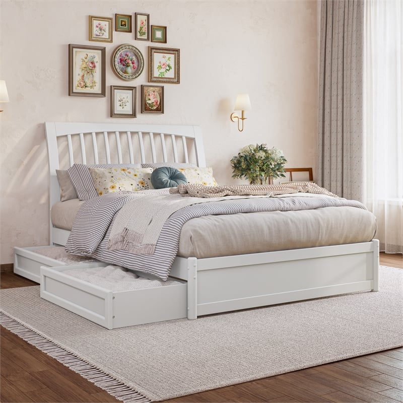 Roslyn Full Platform Bed with Panel Footboard & 2 Storage Drawers in White