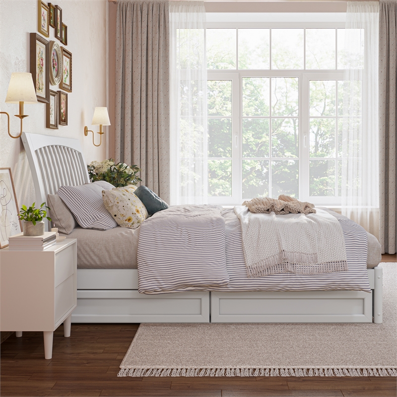 Roslyn Full Platform Bed with Panel Footboard & 2 Storage Drawers in White