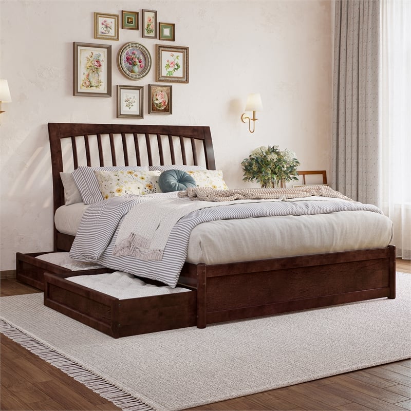 Roslyn Full Platform Bed with Panel Footboard & 2 Storage Drawers in Walnut