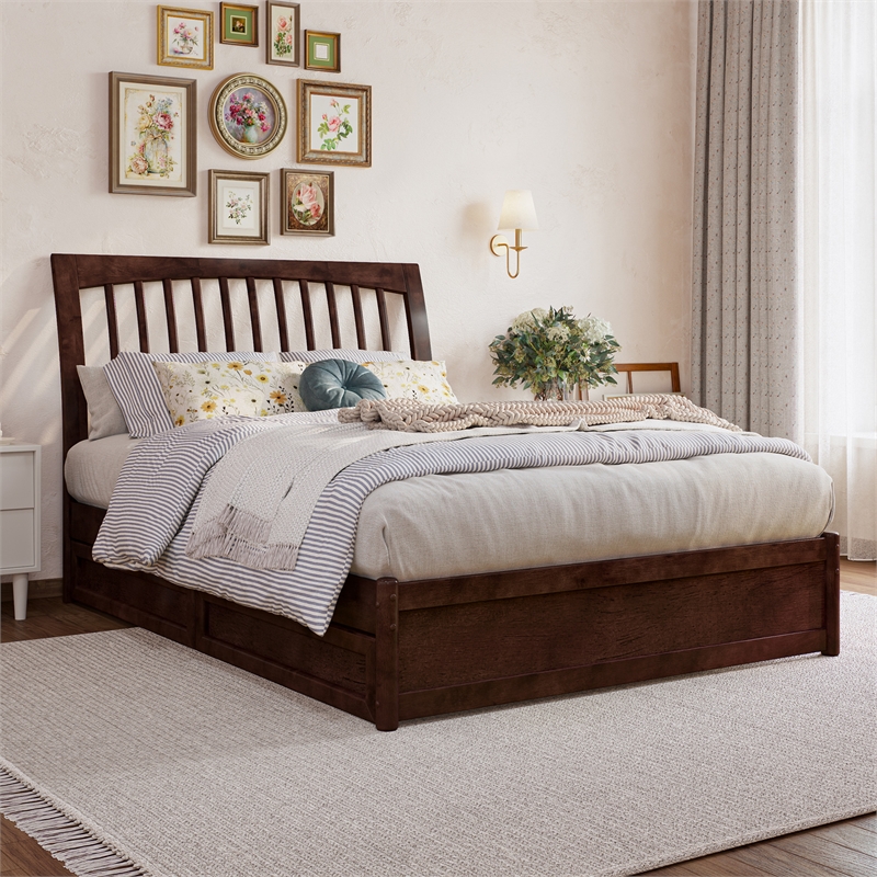 Roslyn Full Platform Bed with Panel Footboard & 2 Storage Drawers in Walnut