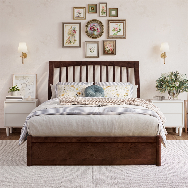 Roslyn Full Platform Bed with Panel Footboard & 2 Storage Drawers in Walnut