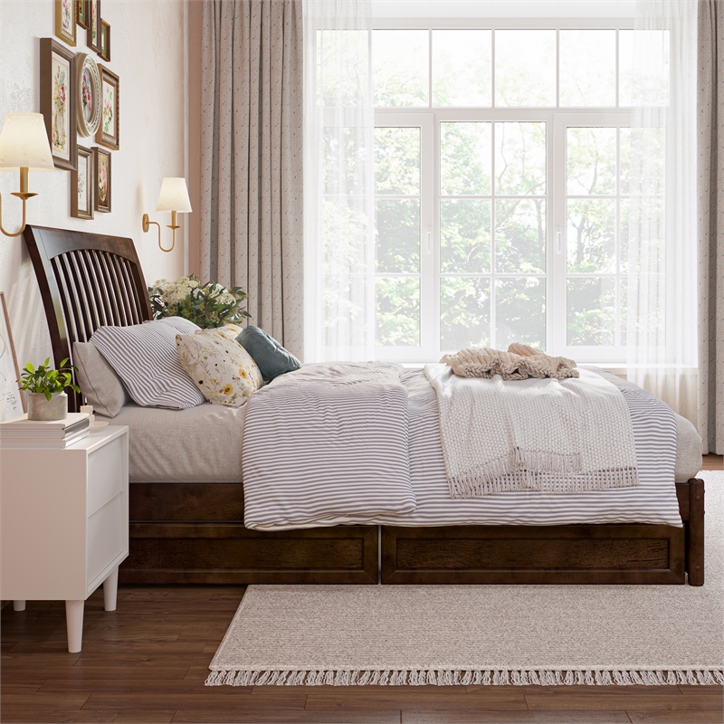 Roslyn Full Platform Bed with Panel Footboard & 2 Storage Drawers in Walnut