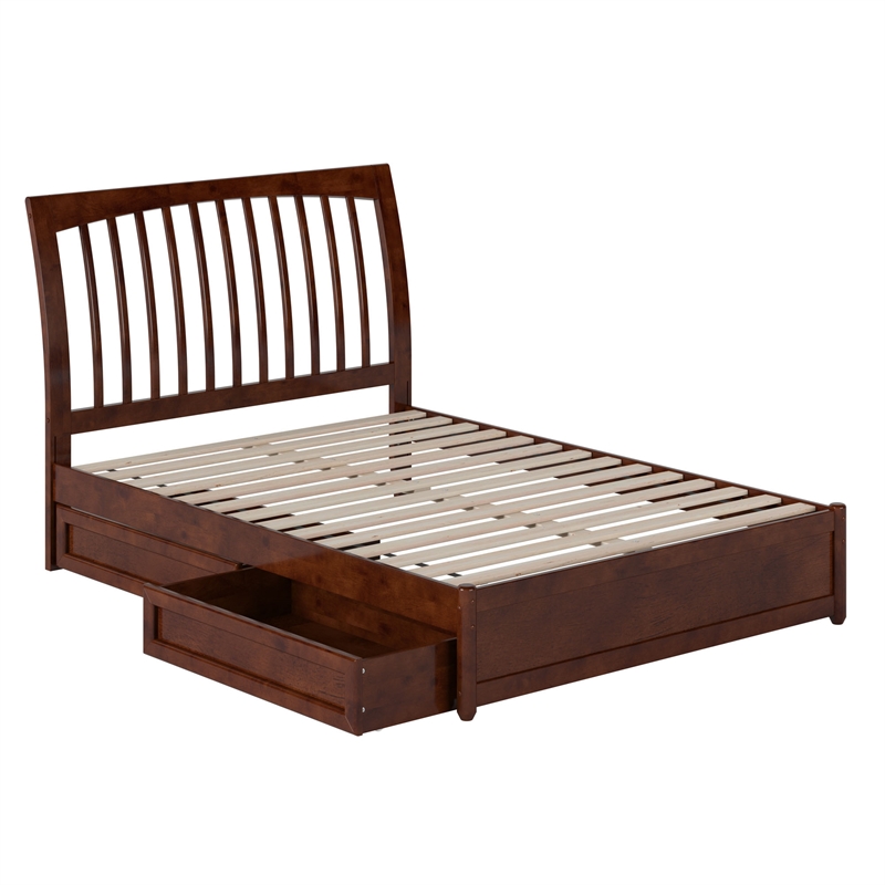 Roslyn Full Platform Bed with Panel Footboard & 2 Storage Drawers in Walnut