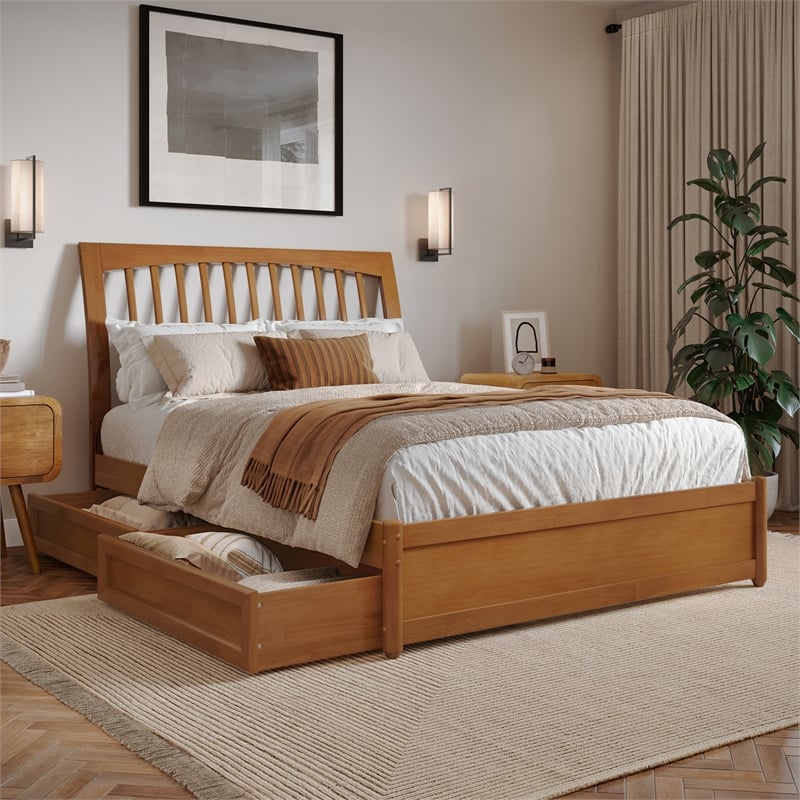 Roslyn Full Platform Bed w Panel Footboard & 2 Storage Drawers in Light Toffee