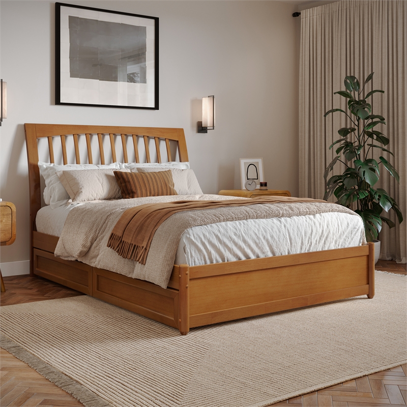 Roslyn Full Platform Bed w Panel Footboard & 2 Storage Drawers in Light Toffee