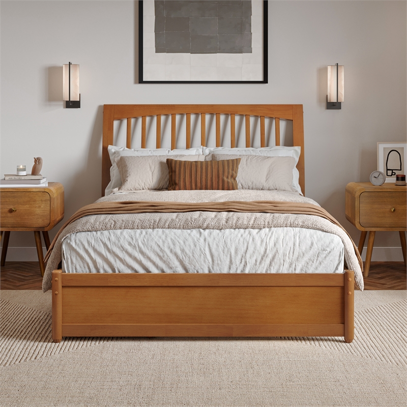 Roslyn Full Platform Bed w Panel Footboard & 2 Storage Drawers in Light Toffee