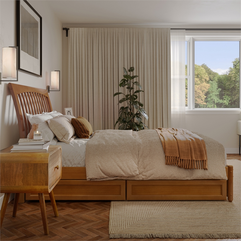 Roslyn Full Platform Bed w Panel Footboard & 2 Storage Drawers in Light Toffee